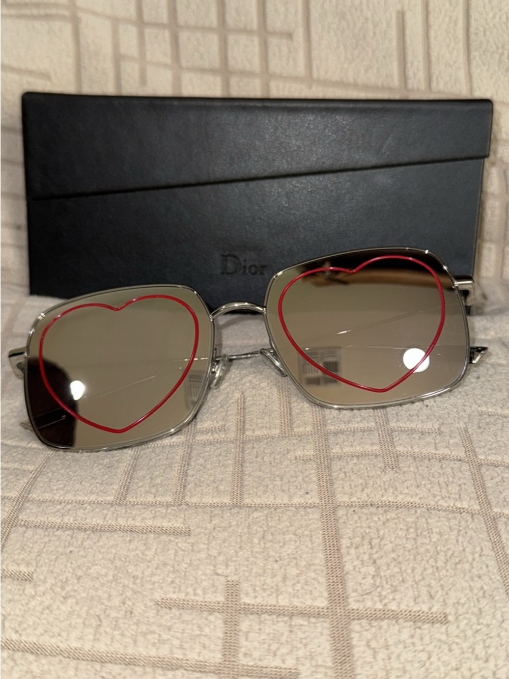 Dior Silver Sunglasses with Red Heart Outline